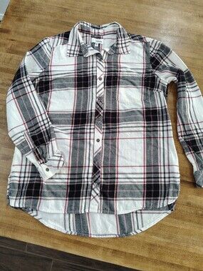 SONOMA 100% Cotton Plaid Button-Up Shirt in White, Black & Pink